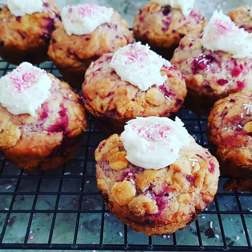 Raspberry White Chocolate Muffins by Alecia